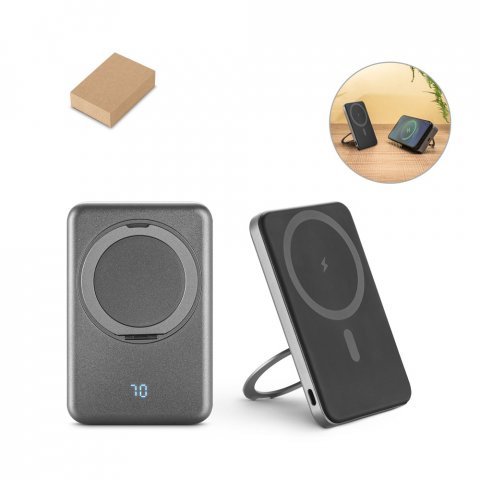 WARSHEL 5. 5.000 mAh magnetisk powerbank med 15W superhurtig tr&aring;dl&oslash;s oplader i genanvendt ABS (100 % rABS) med stander