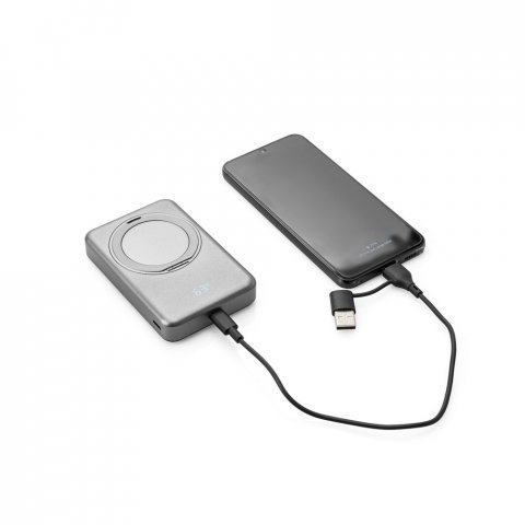 WARSHEL 10. Power bank magn&eacute;tica 10.000 mAh com carregador wireless super r&aacute;pido 15W em ABS reciclado (100% rABS) com suporte - Cinzento escuro