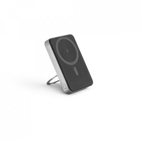 WARSHEL 10. Power bank magn&eacute;tica 10.000 mAh com carregador wireless super r&aacute;pido 15W em ABS reciclado (100% rABS) com suporte - Cinzento escuro