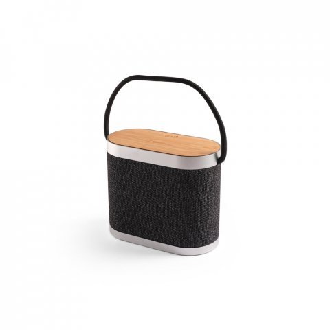 GUETTA. 5W draagbare luidspreker met supersnelle 15W draadloos oplader en 2 uur batterijduur gemaakt van bamboe en gerecycled PET (100% rPET) - Donkergrijs