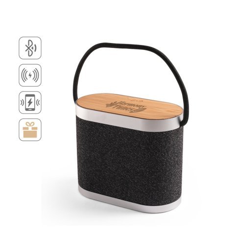 GUETTA. Coluna de som port&aacute;til de 5W com carregador wireless super r&aacute;pido 15W e 2h de autonomia em bambu e PET reciclado (100% rPET)