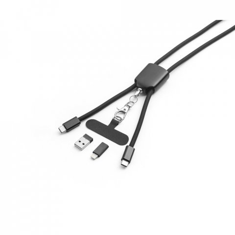ZEWAIL. Cordon cu suport pentru smartphone inclus, cablu USB-C și diverse adaptoare din ABS reciclat și TPE reciclat - Negru