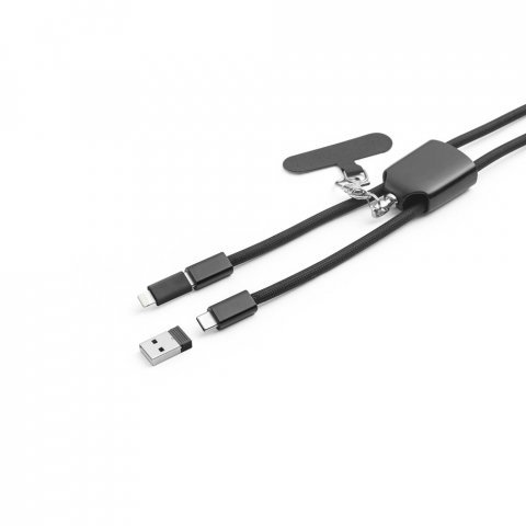 ZEWAIL. Cordon cu suport pentru smartphone inclus, cablu USB-C și diverse adaptoare din ABS reciclat și TPE reciclat - Negru