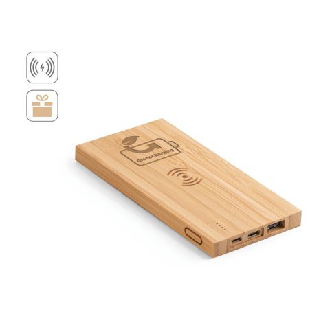 FITCH. 5 000 mAh:n varavirtal&auml;hde ja 5 W:n langaton laturi bambusta