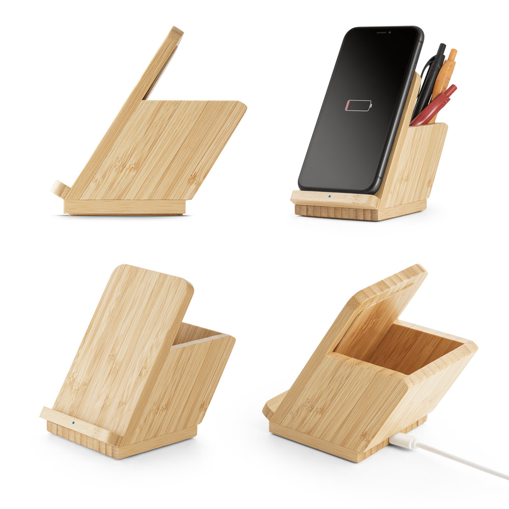 Suporte para smartphone e porta esferográficas com carregador wireless rápido 10W em bambu — Personalizado