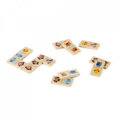 DOMIN. Kids wooden domino game. 28 pieces featuring fun animal figures - Light natural