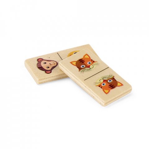 DOMIN. Kids wooden domino game. 28 pieces featuring fun animal figures - Light natural