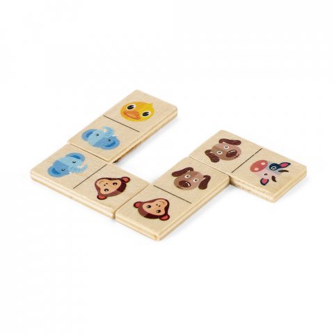 DOMIN. Kids wooden domino game. 28 pieces featuring fun animal figures - Light natural
