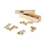 DOMIN. Kids wooden domino game. 28 pieces featuring fun animal figures - Light natural