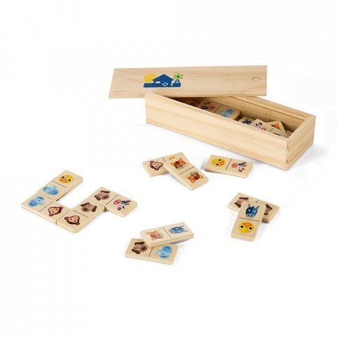 DOMIN. Kids wooden domino game. 28 pieces featuring fun animal figures