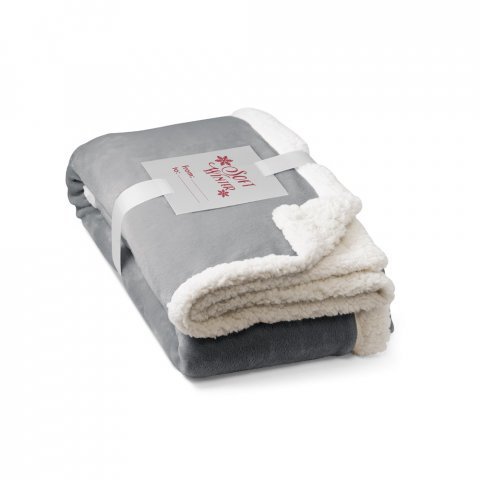 HEIDEN. Wendbare Fleecedecke (190 g/m&sup2;) mit Satinband und personalisierter Karte - Grau
